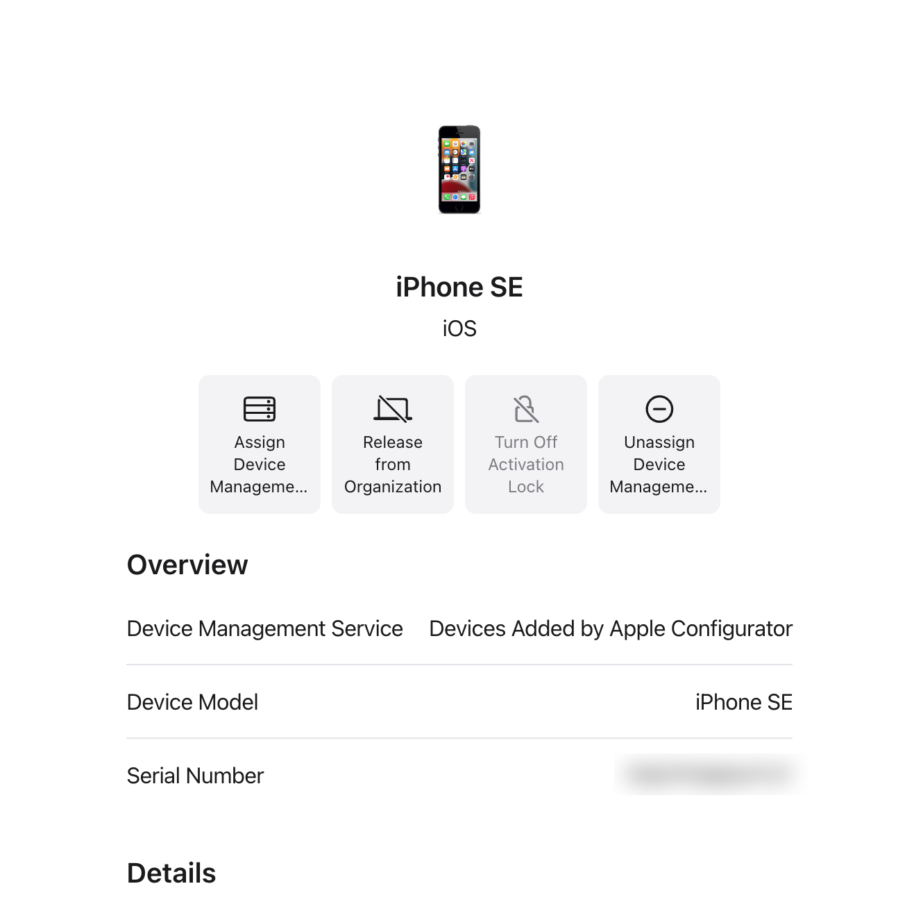 ABM device detail page — the iPhone is in Apple Business but still sitting in the "Devices Added by Apple Configurator" group, with the Assign Device Management button at the top.