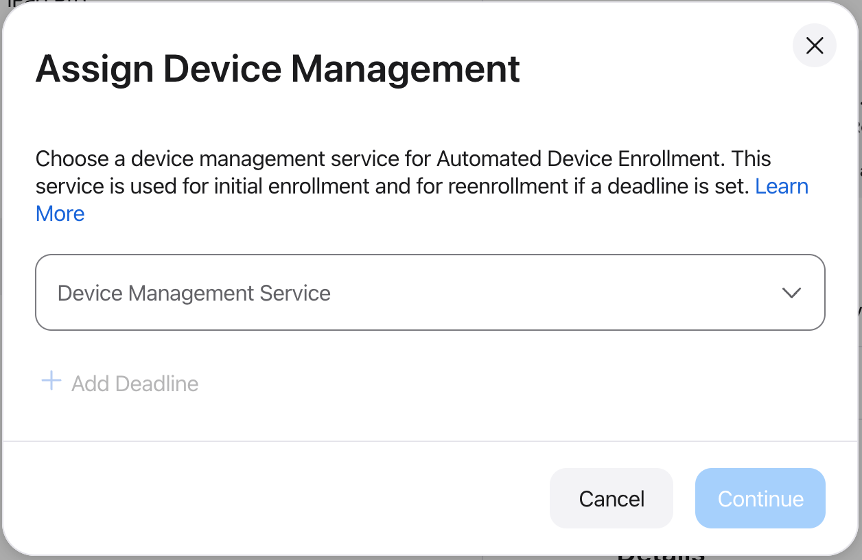 The Assign Device Management dialog with the Device Management Service menu still empty.